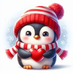 a penguin wearing a red and white striped scarf with a heart on it's chest