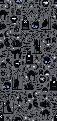 a black and white pattern with cats, birds, and bats