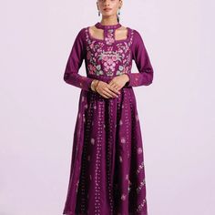 Pakistani Brand New Ethnic 2 Piece Dress Size Purple Anarkali Dress With Floral Embroidery, Purple Dresses With Intricate Embroidery For Navratri, Elegant Purple Dresses For Navratri, Spring Festive Dress With Cutdana Detailing, Elegant Purple Dress With Cutdana, Anarkali Dress With Cutdana For Spring, Spring Anarkali Dress With Cutdana Details, Spring Anarkali Dresses With Cutdana, Traditional Purple Maxi Dress