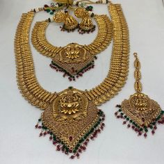 Antique Laxmi Temple Combo Necklace Set, Matte Finish Jewelry for Women, Indian Traditional Necklace Set, Ethnic Jewelry Set for Women. Temple Jewelry Sets With Intricate Design For Diwali, Temple Jewelry Bridal Sets For Diwali, Bollywood Bridal Sets With Latkans For Festive, Festive Bridal Sets With Latkans For Diwali, Gold Ceremonial Sets For Navratri, Kundan Jewelry For Wedding And Navratri, Heavy Kundan Bridal Set For Diwali, Gold Kundan Lehenga For Traditional Ceremonies, Ceremonial Sets With Intricate Design For Diwali