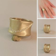 14k Gold Wide Diamond Gold Band Ring, Matte Finish Gold Cigar Band Ring with Diamonds