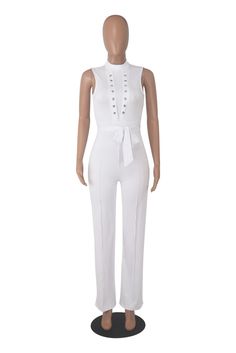 Elegant O Neck Sleeveless Lace Up Straight Jumpsuit Elegant White Sleeveless Bodysuit, Elegant Sleeveless Spring Bodysuit, Elegant Sleeveless Bodysuit For Spring, Chic Sleeveless Spring Bodysuit, Chic Sleeveless Bodysuit For Spring, Chic Sleeveless Bodysuit For Work, Fitted Sleeveless White Jumpsuits And Rompers, White Fitted Sleeveless Jumpsuits And Rompers, Casual White Sleeveless Bodysuit