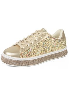 Gold  Collar  Glitter Plants  Embellished   Women Shoes Casual Gold Sneakers With Round Toe, Casual Gold Low-top Platform Sneakers, Trendy Flat Sneakers With Speckled Midsole, Trendy Gold Sneakers With Laces, Sparkly Sneakers, Electric Music, Daily Walking, Tennis Sneakers, Sparkling Stars