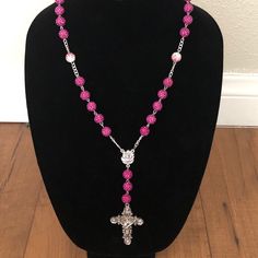 Catholic Rosary With Hot Pink Pave Crystal Beads. 5 Beads Per Mystery. New Hand Crafted. Would Make A Beautiful Gift Pink Beaded Rosary With Round Beads, Pink Beaded Rosary, Fish Pendant Necklace, Name Necklace Silver, Gold Lariat Necklace, Gold Chain Choker, Face Necklace, Spike Necklace, Filigree Necklaces