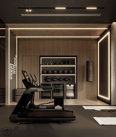 an exercise room with treadmills and lights on the wall, along with other equipment