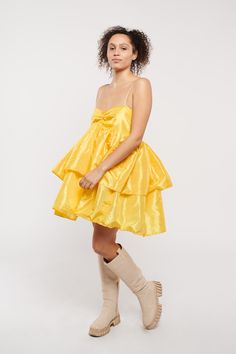 Brighten up any room with our Vibrant Yellow Dress by Madeline Marie. This stunning piece features a bold yellow hue and a playful, voluminous skirt. The sweetheart neckline and spaghetti straps add a touch of femininity, making it perfect for parties, events, and sunny days. Yellow Dresses With Ruffles And Fitted Bodice, Yellow Strapless Dress With Fitted Bodice, Yellow Dresses With Adjustable Straps, Yellow Ruched Dress With Spaghetti Straps, Yellow Party Dress With Ruffled Straps, Yellow Dresses With Ruffled Straps For Party, Make A Dress, Suede Hat, Midi Dress Formal