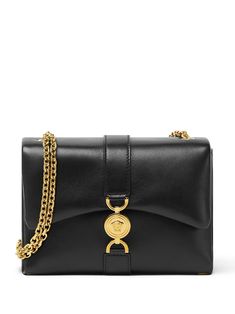 black lambskin gold-tone hardware foldover top with press-stud fastening chain-link shoulder strap gold-tone logo plaque main compartment Black And Gold Purse, Chloe 2024, Versace Bag, Gold Purse, Versace Handbags, Versace Gold, Small Shoulder Bags, Glam Party, Medusa Head