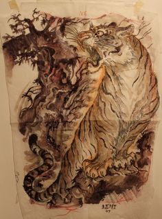 a drawing of a tiger sitting on top of a white wall next to a tree