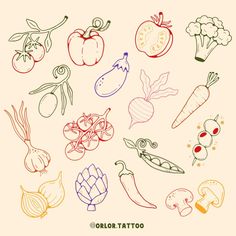 cute and fun veggie flash available for handpoke! 🌶️🥕🫒🧄🍅🧅🥦🍆🫛 available to tattoo in black ink or colour ink. swipe to see colour ideas! :) message me or enquire or use the link on my profile for my booking form to book I always do discounts when you book more than one design in a session! prices start from £60 @harmlesstattoo Braintree, Essex #handpoke #handpoketattoo #stickandpoke #veggietattoo #foodtattoo #funtattoo #essextattoo #hertfordshiretattoo #suffolktattoo Tomato Stamp Tattoo, Simple Food Tattoo, Fruit And Vegetable Tattoo, Green Onion Tattoo, Fine Line Food Tattoo, Charcuterie Tattoo, Tiny Filler Tattoos, Small Food Tattoos