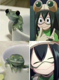 a frog sitting on top of a white sink next to a green frog with big eyes