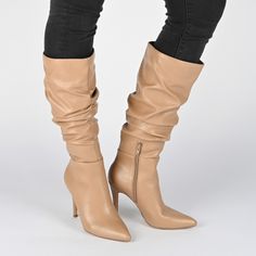 Add some sass to your favorite looks with the Sarie by Journee Collection. This slouchy extra-wide calf boot features a supportive 4 mm Tru Comfort Foam� footbed and soft vegan leather for the perfect fit. A bold stiletto heel finishes the look for a leg-lengthening elevation. At Journee Collection our boot styles will have your outfit looking even better than before. They will give you that finishing touch that will have your outfit looking straight out of a magazine. Stiletto Knee High Boots, Extra Wide Calf Boots, Knee High Boots Black, Vegan Leather Boots, Slouchy Boots, Faux Leather Boots, Stiletto Boots, Wide Calf Boots, Wide Calf