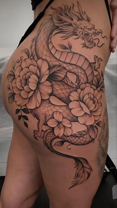 Dragon Tattoo With Flowers For Women Leg, Dragon Tattoo Legs Women, Hip Buttocks Tattoos Women, Dragon Tattoo Side Thigh, Thigh Dragon Tattoo For Women, Woman Side Tattoo, Side Thigh Tattoos Women Baddie, Full Thigh Tattoo Women, Thigh Tattoos Women Dragon