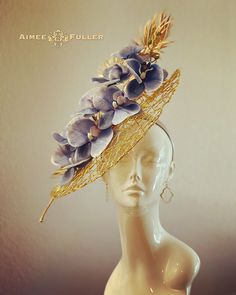 Structured, chic criss-cross woven material with layers of golden palm leaves / fronds and stunning cascading orchids. A wonderful tropical treat! Easy-to-wear headband fascinator makes a statement, and can be worn to a myriad of events: Easter, Bridal, Derby-Wear, Del Mar Races, Hat Contests, Church, Gala, Kentucky Derby, Melbourne Cup, High Tea, Weddings, Cocktail Parties, Weddings, and More. Some customization available; please message with your requests to see if we can meet your needs. *FRE Gold Brimmed Mini Hat For Royal Ascot, Gold Summer Hat Headpiece, Gold Fascinator For Garden Party, Gold Hat Headpiece For Summer, Adjustable Gold Mini Hats For Garden Party, Gold Summer Fascinator For Garden Party, Adjustable Lavender Headpieces For Summer, Lavender Orchids, Melbourne Cup Fashion