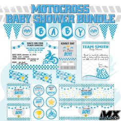 Welcome to our motocross-themed digital baby boy shower listing!  This listing includes everything you need to throw the perfect dirt bike-inspired celebration for your little rider on the way. Our package includes a fully customizable invitation featuring a motocross bike design, along with matching thank-you cards, favor tags, and party signage.  This bundle's contents: -Thank you Cards -Bottle stickers -Loot bag label -Invitation -oversized banner -Cupcake topper -Games deck - 🏁You'll also r Dirtbike Baby Shower Theme, Motocross Baby Shower Ideas, Motocross Baby, Motocross Tracks, Party Signage, Baby Bike, Motocross Bikes, Baby Shower Theme, Cupcake Topper