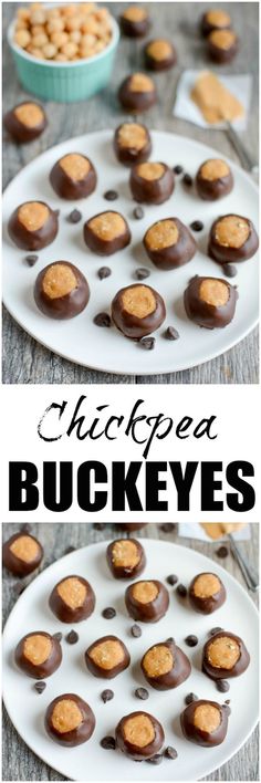 chocolate covered buckeyes on a white plate with the words, chocopeed buckeyes