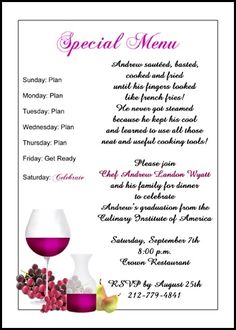 a menu for a special event with wine glasses and grapes