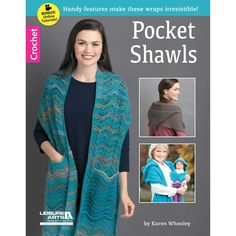 a woman wearing a blue knitted shawl with two pictures of her and the text, pocket shawls