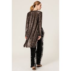 Brown sequins (95% Polyester, 5% Spandex). Duster. Long sleeves. No closure. 40" from shoulder to hemline. Made in the USA of imported fabric. Sequin Duster, No Closure, Rent The Runway, Closet Designs, Dress Details, Made In The Usa, The Twenties, Sequin, Dress Up