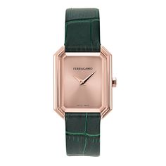 Introducing a stunning timepiece for women from Ferragamo. With its sapphire glass and captivating geometric angles, it is a timeless treasure that exudes elegance and grace. This watch combines a modern aesthetic with a touch of femininity. It is a true embodiment of elegance, sophistication, and style. 26.5X33.5mm Ion-Plated Rose Gold Stainless Steel Case Green Calf Leather Strap Rose gold-tone Sunray Dial Swiss Made 2 Hand Quartz Movement Sapphire crystal Water-resistant up to 3 ATM Swiss mad Elegant Yellow Gold Rectangular Watch, Luxury Octagon Evening Jewelry, Timeless Rectangular Jewelry And Watches For Evening, Formal Watches With Timeless Design And Round Dial, Timeless Rectangular Diamond Watch For Evening, Yellow Gold Rectangular Diamond Watch For Evening, Yellow Gold Rectangular Evening Watches, Rectangular Yellow Gold Evening Watch, Evening Yellow Gold Rectangular Watches