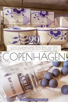 blue and white dishes with text overlay saying 29 souvenirs to buy in open - hagen