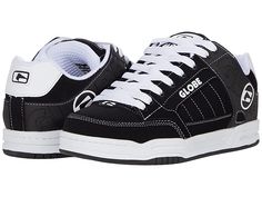 Globe Tilt - Men's Skate Shoes : Black/White/Black : Keep your style going strong with the iconic silhouette and cushioned support of the Globe Tilt skate shoes. Skateboard shoes with leather uppers. Large Globe brandings on upper. Flush and stitched PVC lace eyelets. Hidden lacing options in key areas for added lace protection. Thicker outer sidewalls for added durability. Padded tongue and collar for added comfort. Breathable slip-resistant lining for a more stable skate. Cupsole construction. Skateboard Shoes Skater Style, Globe Shoes Outfit, Cheap Black Skate Shoes For Streetwear, Black Tpr Skate Shoes With Round Toe, Throwback Black Skate Shoes, Throwback Black High-top Skate Shoes, Black Skate Shoes, Skate Outfit, Globe Skate Shoes