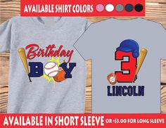 two birthday shirts with baseball, bat and ball on them