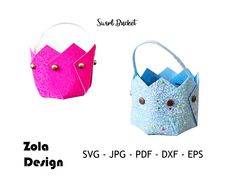 two handbags made out of paper with different colors and designs on the sides, one is