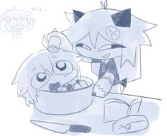 an image of two cartoon characters cooking food in a bowl together on the kitchen counter