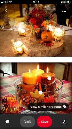 two pictures with candles and fall leaves in the middle one has an orange pumpkin on it