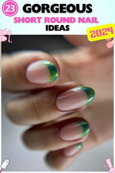 Green French tip short round nails, gel polish, modern twist on a classic look, perfect for trendy occasions, featuring a vibrant and glossy finish. Green French Tip, Green French