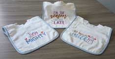 These are terry cloth bibs for a toddler which has been embellished with embroidery.  The bibs have ribbing and can be put on and taken off over the head.  The designs are delightful!  The bibs measure 10" wide by 10" in length.  All bibs neck measure 13" to 14" with ribbing, which will stretch for ease of fitting over the head.   I have only one of each design with the blue trim. These make great shower adds ons to your gift, Being terry cloth they are quite absorbent.  Also, these are great fo Blue Cotton Bib For Playtime, Playful Blue Cotton Bib, Embroidered Cotton Bib, Blue Cotton Machine Washable Bib, Playful White Cotton Bib, Terry Cloth, Bibs, Childcare, Baby Items