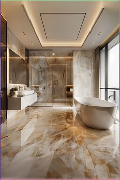 an elegant bathroom with marble floors and large bathtub in the center, lighted by recessed lighting