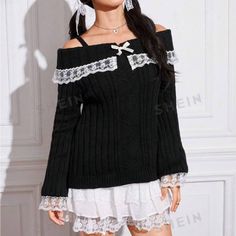 Oversize Fit, Nwots In Great Condition, Thick Material Cold Shoulder Lace, Crop Top Dress, Cold Shoulder Sweater, Lingerie Dress, Lace Bows, Shoulder Sweater, Red Sweaters, Ruffle Trim, Black Sweaters