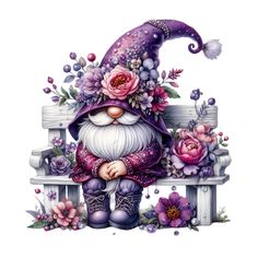 a painting of a gnome sitting on a bench with flowers and leaves around it's head