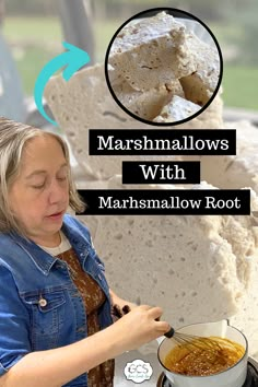 a woman cooking marshmallows in a pot on top of a stove with text overlay that reads, marshmallows with marshmallows