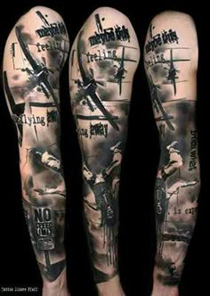 three different tattoos on the legs of men with words and airplanes above them, all in black and white