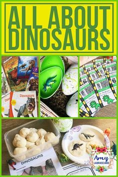 an image of all about dinosaurs book with pictures and text overlays that reads,'all about dinosaurs '