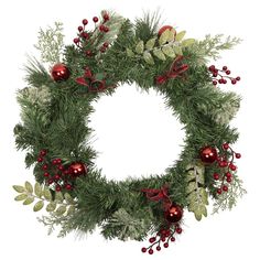 a christmas wreath with red ornaments and greenery