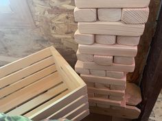 a stack of wooden crates sitting next to each other