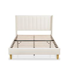 a white bed frame with wooden slats and headboard, against a white background