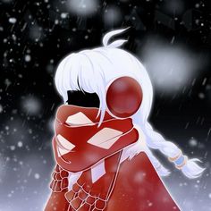 a woman with white hair wearing a red coat and scarf hugging her face in the snow