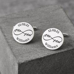 "♥ Mr and Mrs Cufflinks for Groom ♥ Customized with an infinity symbol, together with the surname and date, this cufflinks set is an ideal gift to give your fiancé on your wedding day. ITEM ∙ DESCRIPTION * Materials: Solid 925 Sterling Silver * Dimensions: 5/8'' (15mm) * Finishing: Silver, Gold * Personalization: \"\"Mr\"\", \"\"Mrs\"\" and infinity symbol are fixed, please just enter the surname and the date of your choice. HOW ∙ TO ∙ ORDER * Choose what you want at the drop-down options. * In White Cufflinks For Father's Day Gift, Father's Day White Cufflinks Gift, Wedding Cufflinks With Engraving Option, Elegant Anniversary Gift Cufflinks, Elegant Anniversary Cufflinks Gift, Groom Cufflinks From Bride, White Cufflinks For Wedding And Father's Day, Silver Cufflinks With Engraving Option For Wedding Gift, Personalized Cufflinks For Anniversary Gift