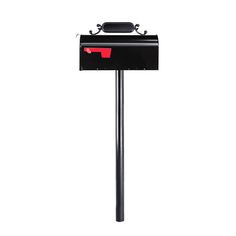 a black mailbox with red letters on the front and bottom, is standing upright against a white background