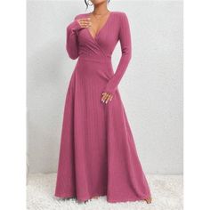 -Color: Hot Pink -Style: Casual -Pattern Type: Plain -Details: Wrap, Belted, Rib-Knit -Neckline: V Neck -Sleeve Length: Long Sleeve -Type: A Line -Sleeve Type: Regular Sleeve -Waist Line: High Waist -Hem Shaped: Flared -Length: Long -Fit Type: Regular Fit -Fabric: High Stretch -Material: Knitted Fabric -Composition: 95% Polyester, 5% Elastane -Care Instructions: Machine Wash, Do Not Dry Clean -Sheer: No **Open To Offers!!!** **Bundle To Save More** **30% Off Bundles Of 2 Or More Items!!** ***Ord Plain Pink Long Sleeve Dress, Sleeveless Wrap Dress, Knitted Bodycon Dress, Belted Shirt Dress, Long Sleeve Blouse Pattern, Vintage Beaded Dress, Ruffle Hem Dress, Classy Chic, Tennis Dress