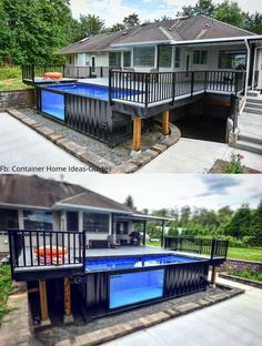 two pictures of a house with an above ground swimming pool in the middle and below