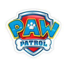 the paw patrol logo is shown in blue and yellow, with an image of a dog's paw on it