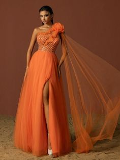 Orange Sequin Contrast Mesh Slit Evening Gown Orange   Sleeveless Mesh Fabric Plain A Line Slight Stretch All Weddings & Events, size features are:Bust: ,Length: ,Sleeve Length: Orange Floor-length Dress For Gala, Festive Floor-length Orange Dress, Festive Orange Floor-length Gown, Orange Evening Gown, Orange Tulle Dress, Orange One-shoulder Evening Dress, Orange Floor-length Maxi Dress For Evening, Evening Dresses Online, Womens Prom Dresses