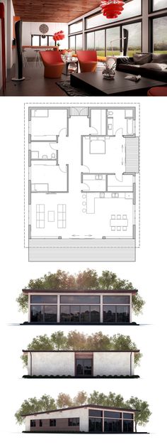 three different views of the inside and outside of a house, one with an open floor plan