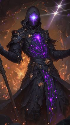 an image of a man with purple lights on his face and holding two swords in one hand