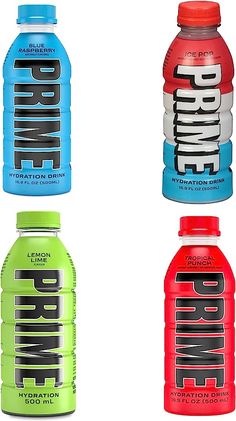 three bottles of fruit punch are shown in four different colors